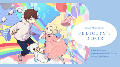 Anime-style rhythm game Felicity’s Door featuring musical notes and colorful fantasy visuals