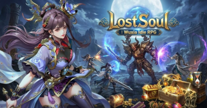 Wuxia-style idle RPG artwork featuring a martial artist exploring a fantasy world inspired by the Four Guardian beasts